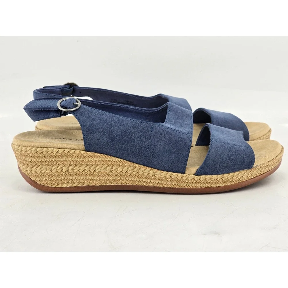 Easy Street Wedge Sandals Womens 10WW Blue Slingback Espadrille -Excellent